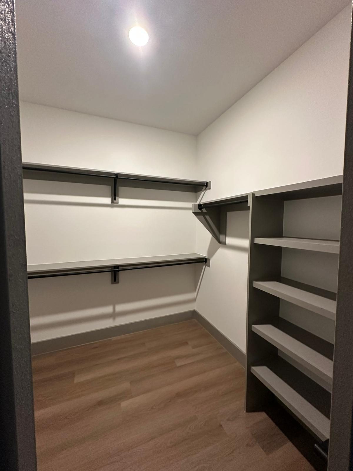 Finished apartment closet system with clean wall finish